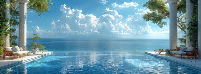 A breathtaking view of an infinity pool blending into the vast ocean, with fluffy cumulus clouds in the sky and aqua waters reflecting the natural landscape