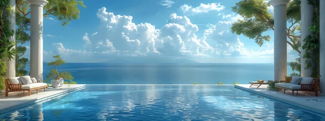 Papier Peint photo Lavable Réflexion A breathtaking view of an infinity pool blending into the vast ocean, with fluffy cumulus clouds in the sky and aqua waters reflecting the natural landscape