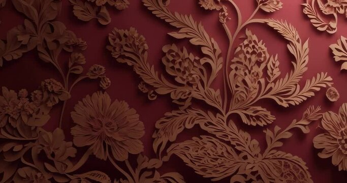 an intricate floral pattern engraved on a dark red background. The design is very elegant, with detailed flowers and leaves and a touch of gold