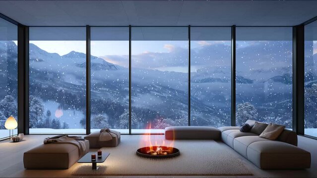 Luxurious living room with a warm fireplace and snowfall view.