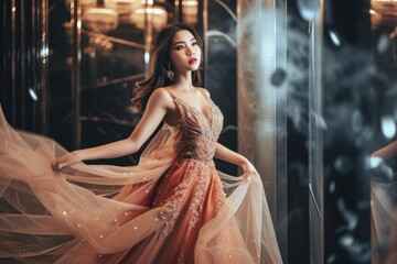 Naklejka premium Professional Photography of a Supermodel in a Glamorous Evening Gown, Striking a Pose That Exudes Elegance, Generative AI