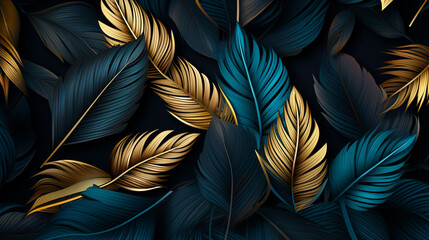 Tropical leaves. Dark green and gold leaf texture. Abstract. Dark background.