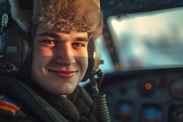 portrait of a young male pilot smiling in an airplane cockpit at the control panel