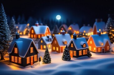 Fototapeta na wymiar Christmas village winter landscape. Houses with warm light in the windows in the snowy valley in the evening.
