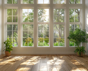 Sunlight Streaming through Large Classic Windows Illuminating Indoor Plants