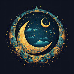 Captivating vector art: Ramadan crescent moon mandala, adorned with intricate patterns, forms a mesmerizing centerpiece of ornate beauty