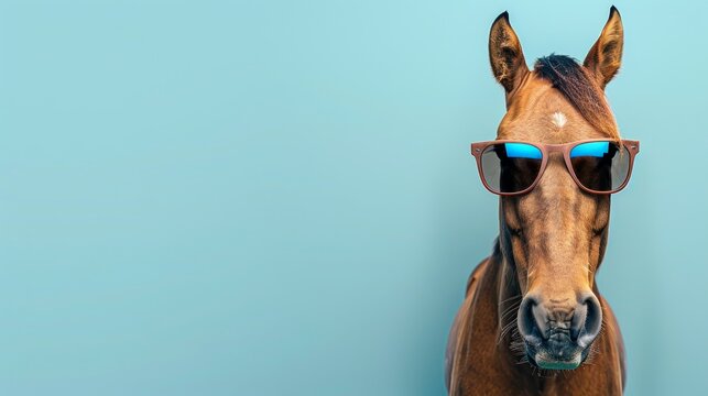 Fashionable horse in sunglasses on pastel background, perfect for personalized text.