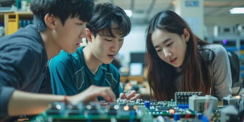 Fototapeta premium Photo of team of young Asian people, students engaged in discussion about circuit board. Science and future.