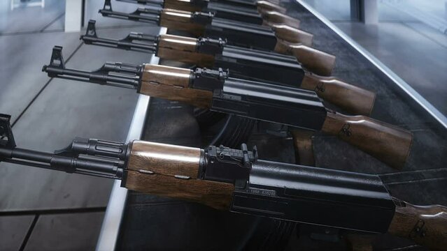 Russian machine gun AK 47 production factory. War concept. Realistic 4k animation.