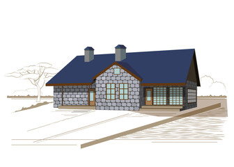 Modern house with landscape sketch. Vector illustration.