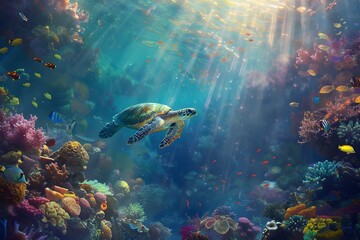 Underwater Sea Turtle in Colorful Coral Reef