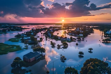 Aerial View of Flooded Landscape in Richly Colored Skies - obrazy, fototapety, plakaty