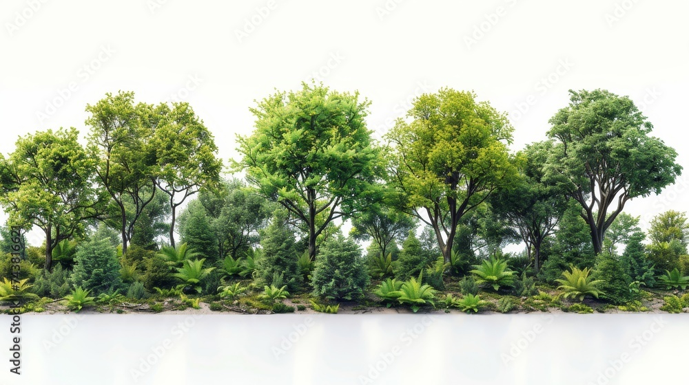 Poster a row of trees and shrubs in summer, isolated on white. forest and foliage.