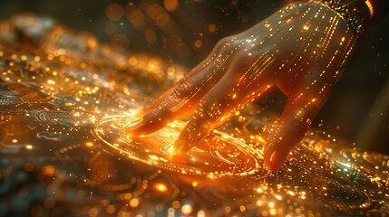 A woman's hand touches The metaverse universe, a digital transformation concept designed for the next generation of technology.