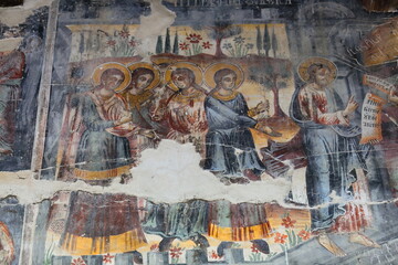Wall frescoes in Saint Mary's Church of Leusa with its vandalized murals from AD 1812 depicting...