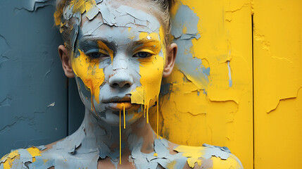 A human face smeared with paint on an old wall wall art ideas