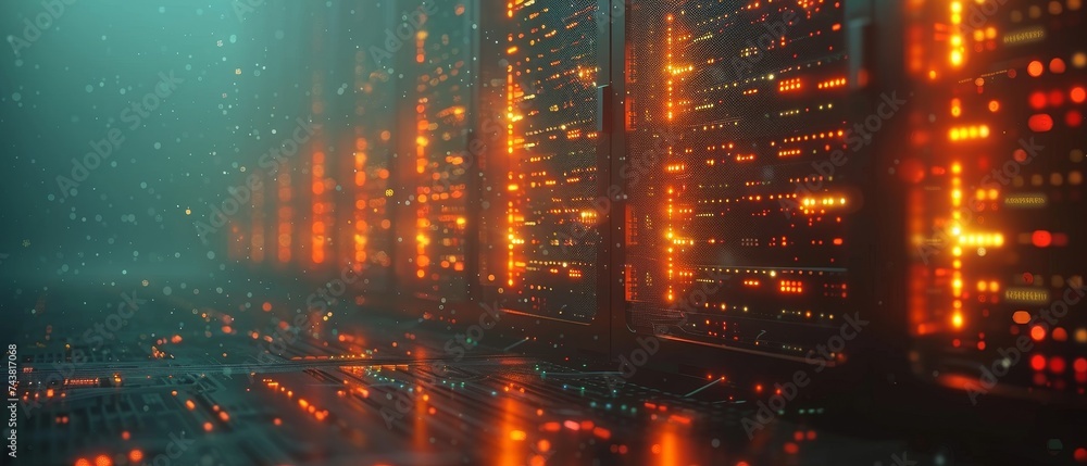 Aufkleber Server room with strong dramatic lighting and a technological background on servers in the data center. Server room in a data center with several racks of servers.