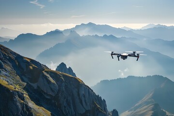 Drone soaring above mountain peaks with cloudy skies - obrazy, fototapety, plakaty