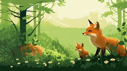 St. Patrick's Day magic: Red foxes frolic in lush green. Charming wildlife scene, vivid vector art captures adorable creatures
