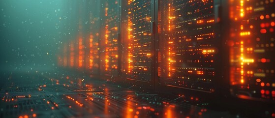 Server room with strong dramatic lighting and a technological background on servers in the data center. Server room in a data center with several racks of servers.