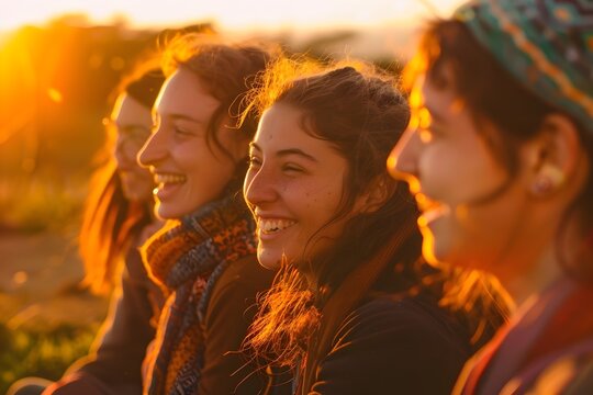 Friends Laughing Together During Sunset