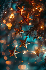 Vertical Blue Festive elegant abstract background with bokeh lights and stars.
