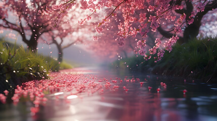 Enchanted Sunset by the Sakura-lined River