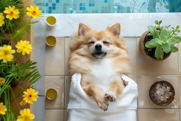 Funny dog relaxing in spa salon