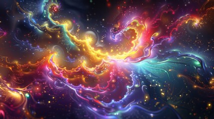 A vibrant, abstract fractal composition with glowing particles floating in an endless, dark cosmic space, featuring a spectrum of bright colors and intricate patterns.