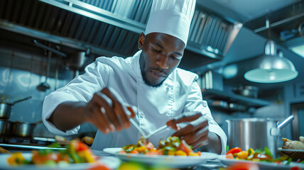 Culinary Creativity: A black chef preparing a gourmet dish, showcasing culinary skills and creativity in the kitchen