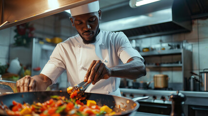 Culinary Creativity: A black chef preparing a gourmet dish, showcasing culinary skills and creativity in the kitchen