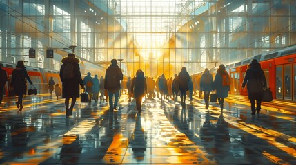 A vibrant crowd of people leisurely strolling through an airport terminal as the golden light of the sunset bathes the world around them - obrazy, fototapety, plakaty