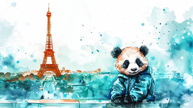 Panda in blue jacket before Eiffel Tower.