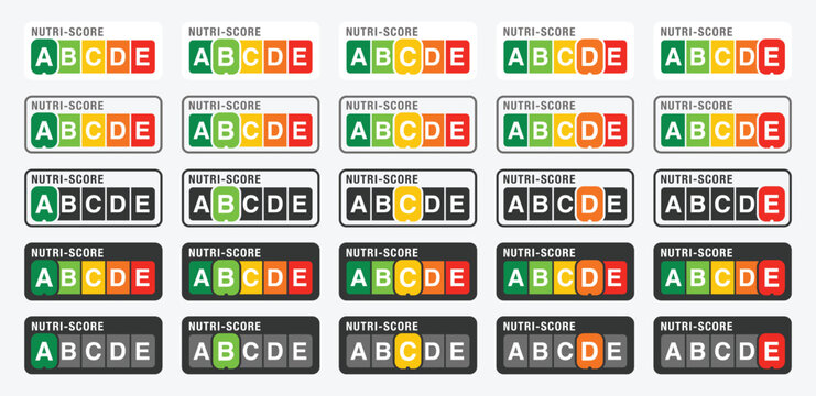 Nutri-Score icons set. Nutri score sticker label design for packaging food rating system sign A, B, C, D, E