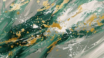 Painting background. Golden brushstrokes on textured canvas. Modern Art. Floral, green, gray, wallpaper, posters, cards, murals, rugs, hangings, prints.