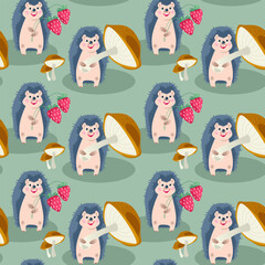 Сute hedgehogs hold a big mushroom and sprig of strawberries in its paws. Seamless background pattern