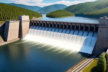 Photo of modern giant dam, hydroelectric power station. Hydro electrification concept. Copy ad text space