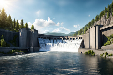 Hydroelectric power station. Illustration of modern giant dam. Hydro electrification concept. Copy ad text space