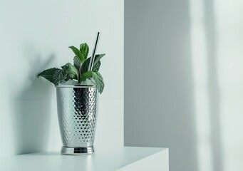 Elegant silver mint julep cup with fresh green mint leaves and straws, perfect for refreshing cocktails - obrazy, fototapety, plakaty