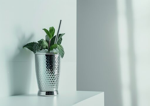 Elegant silver mint julep cup with fresh green mint leaves and straws, perfect for refreshing cocktails