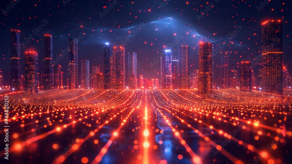 Poster With the use of a gradient line and an intricate wave line design, this concept depicts a smart city and abstract dots connecting with big data connections.