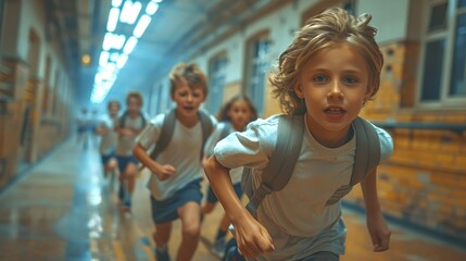 students running through the school corridors