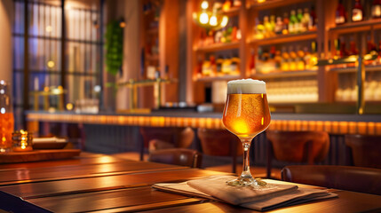 A single craft beer glass on a wooden table, showcasing the beer's clarity and frothy head, set against a warm, inviting bar backdrop.