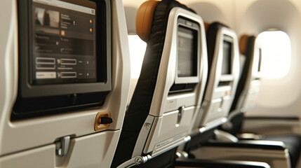 Airplane seats with lcd screens in the cabin. 
