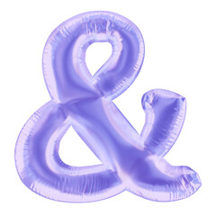 Inflated 3D Ampersand, & Symbol in purple foil balloon style. Realistic inflated render, isolated on transparent background