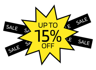 Up to 15% OFF written on a yellow ten-pointed star with a black border. On the back, two black crossed bands with the word sale written in white.