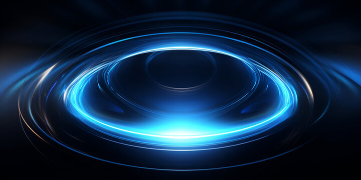 Blue neon light swirl with glowing particles, Blue circular neon lights depicting motion and speed in plain black 