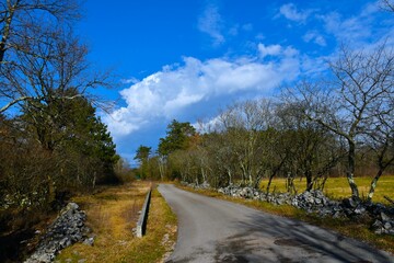 Road with Komen in Kras, Primorska, Slovenia and beautiful clouds in the sky - obrazy, fototapety, plakaty