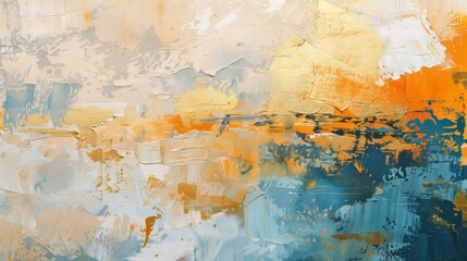 A large stroke oil painting with abstract elements. Artist painting, mural, contemporary artwork, paint spots, paint strokes, golden elements, orange, gold, and blue.