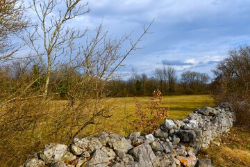 Stone wall next to a field at Kras, Primorska, Slovenia - obrazy, fototapety, plakaty